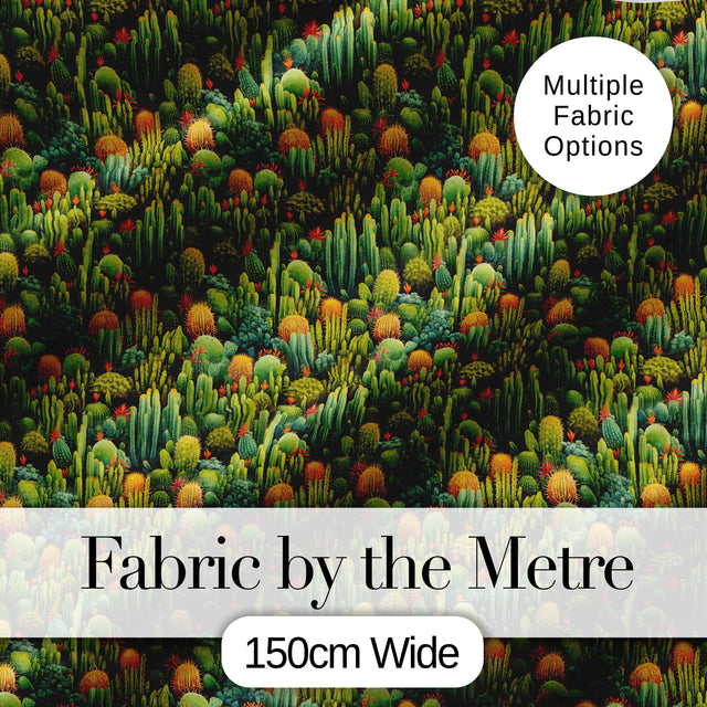 Dense Green Cactus Jungle with Small Flowers Seamless Pattern Digital Print Fabric by the Metre UK Sewing Quilting Textile