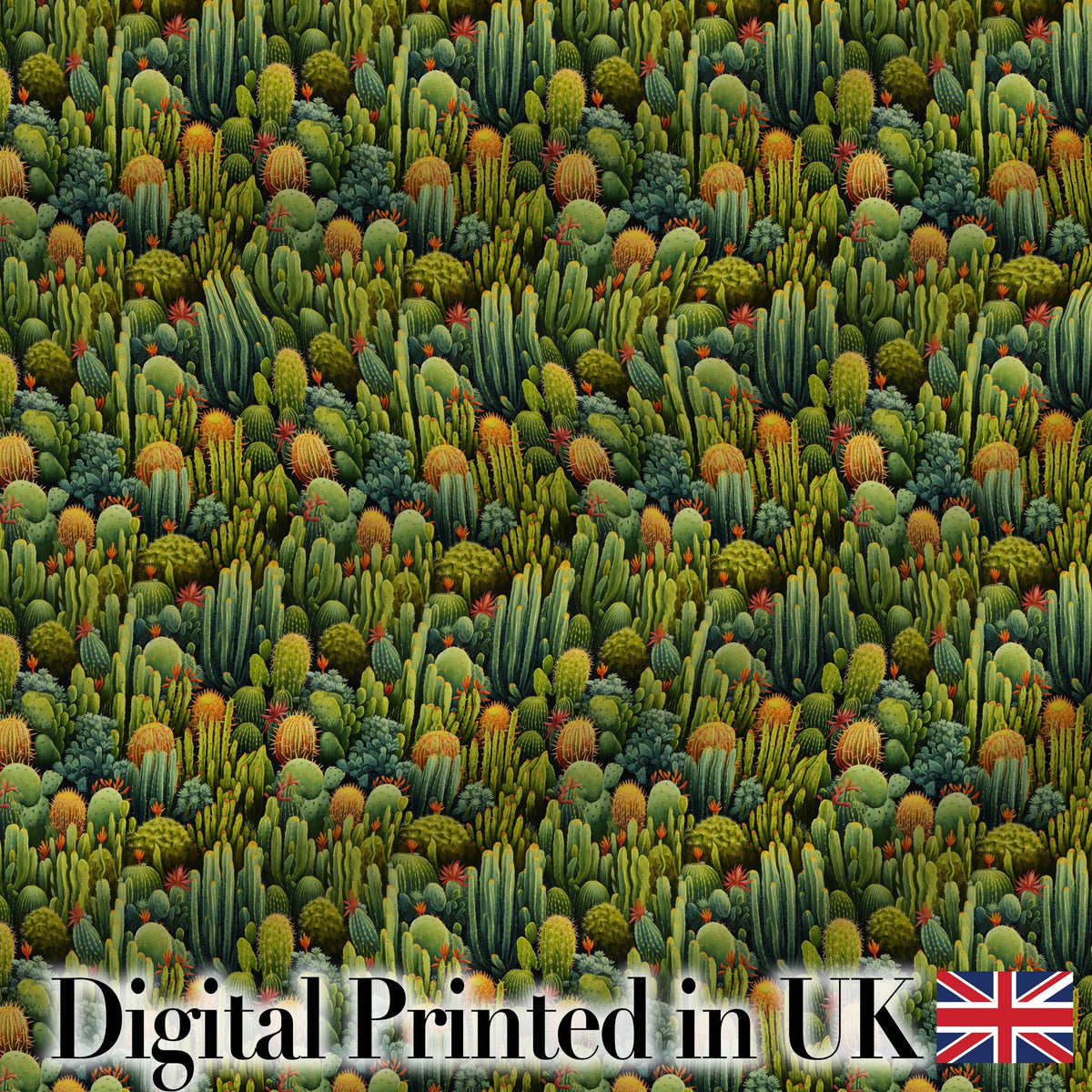 Dense Green Cactus Jungle with Small Flowers Seamless Pattern Digital Print Fabric by the Metre UK Sewing Quilting Textile