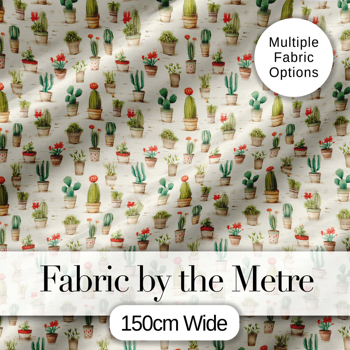 Vintage Potted Cactus and Succulent Botanical Seamless Pattern Digital Print Fabric by the Metre UK Sewing Quilting Textile