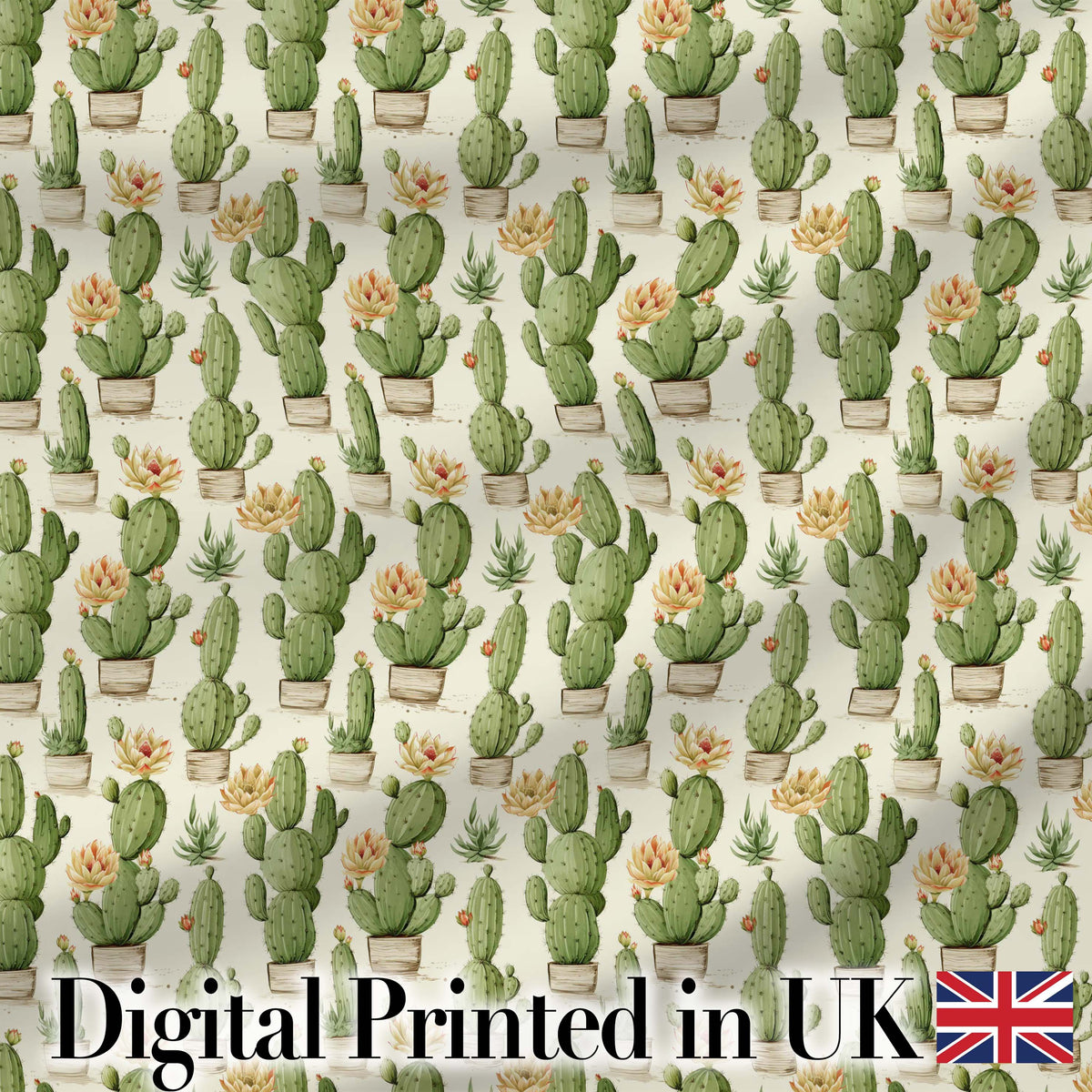 Soft Green Cactus with Cream Flower Illustration Seamless Pattern Digital Print Fabric by the Metre UK Sewing Quilting Textile