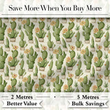 Soft Green Cactus with Cream Flower Illustration Seamless Pattern Digital Print Fabric by the Metre UK Sewing Quilting Textile
