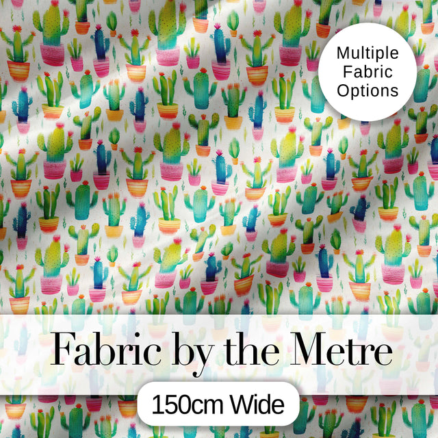 Colourful Watercolor Cactus Pots Fun Seamless Pattern Digital Print Fabric by the Metre UK Sewing Quilting Textile