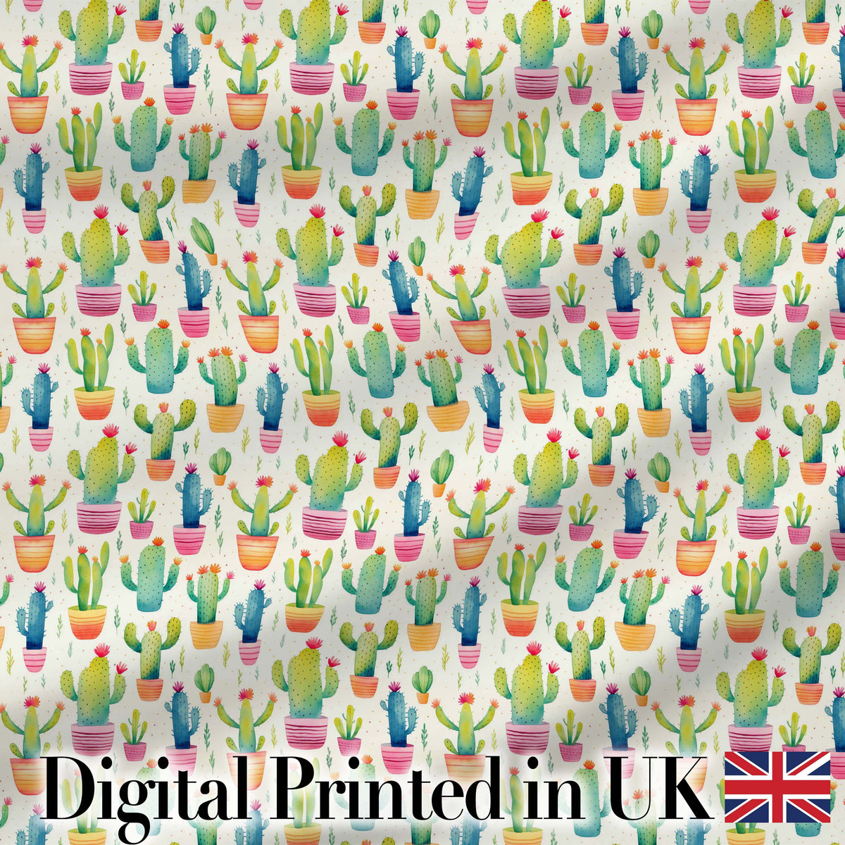 Colourful Watercolor Cactus Pots Fun Seamless Pattern Digital Print Fabric by the Metre UK Sewing Quilting Textile