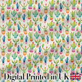 Colourful Watercolor Cactus Pots Fun Seamless Pattern Digital Print Fabric by the Metre UK Sewing Quilting Textile