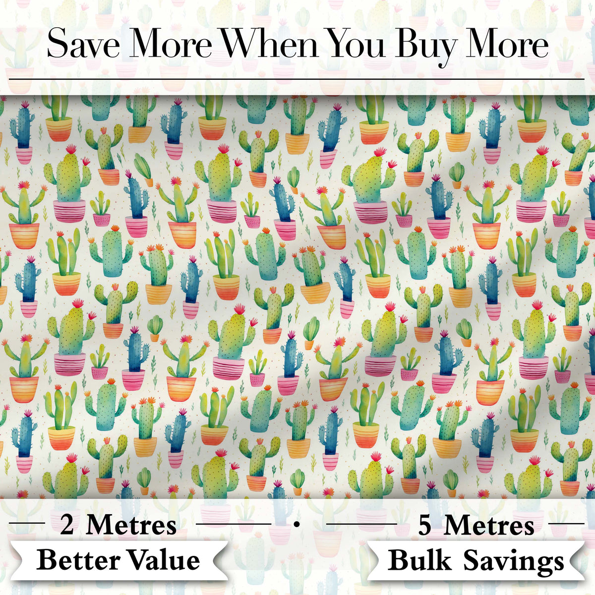 Colourful Watercolor Cactus Pots Fun Seamless Pattern Digital Print Fabric by the Metre UK Sewing Quilting Textile