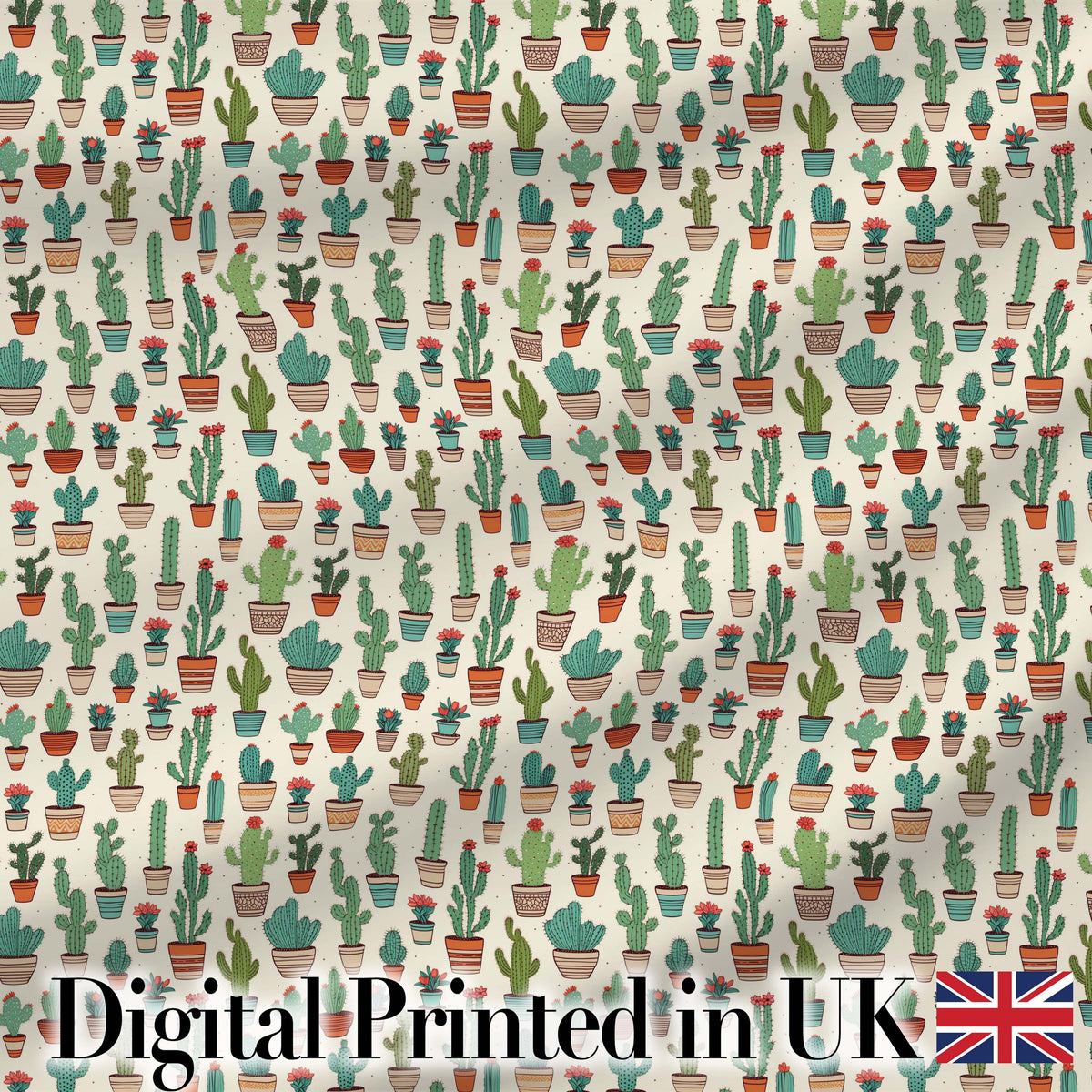 Cute Mixed Potted Cactus Collection on Beige Background Seamless Pattern Digital Print Fabric by the Metre UK Sewing Quilting Textile