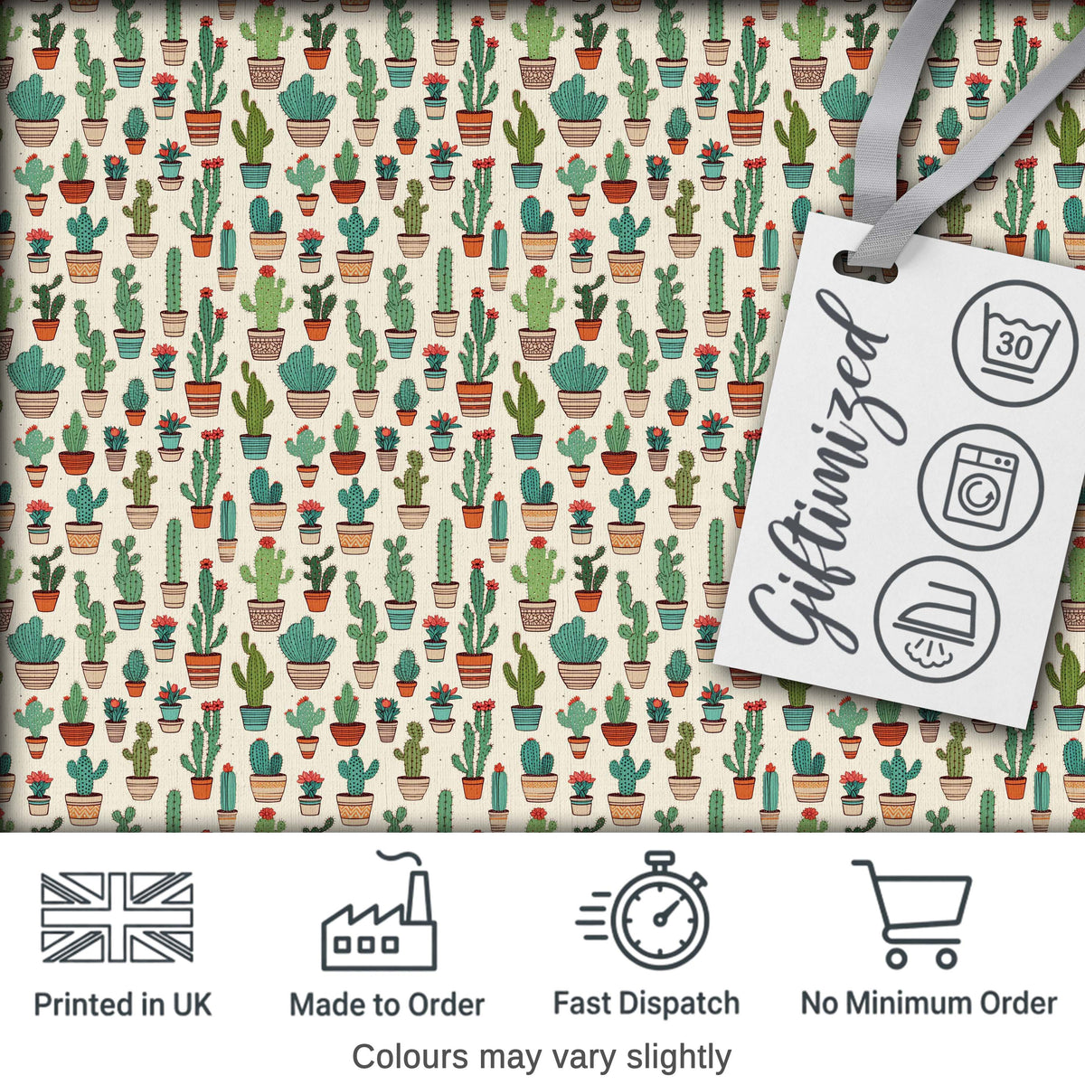 Cute Mixed Potted Cactus Collection on Beige Background Seamless Pattern Digital Print Fabric by the Metre UK Sewing Quilting Textile