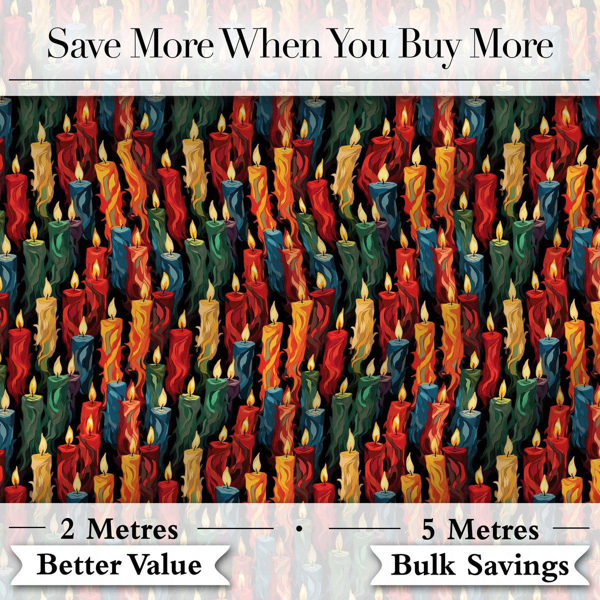 Vibrant Multicolor Dripping Wax Candles Dark Seamless Pattern Digital Print Fabric by the Metre UK Sewing Quilting Textile