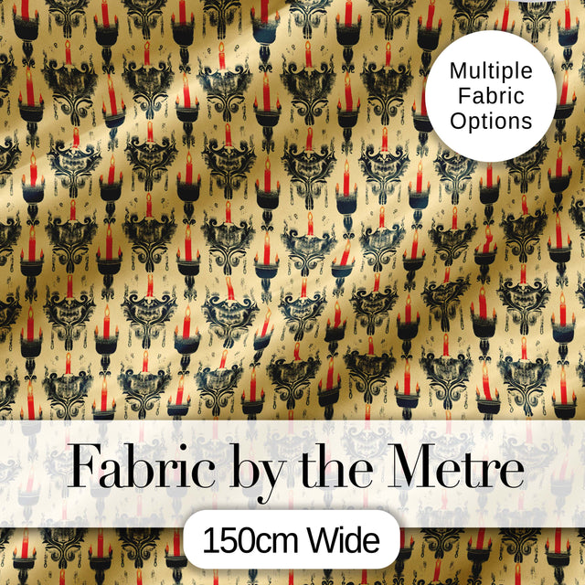 Vintage Ornate Candle Holders and Flames Beige Seamless Pattern Digital Print Fabric by the Metre UK Sewing Quilting Textile