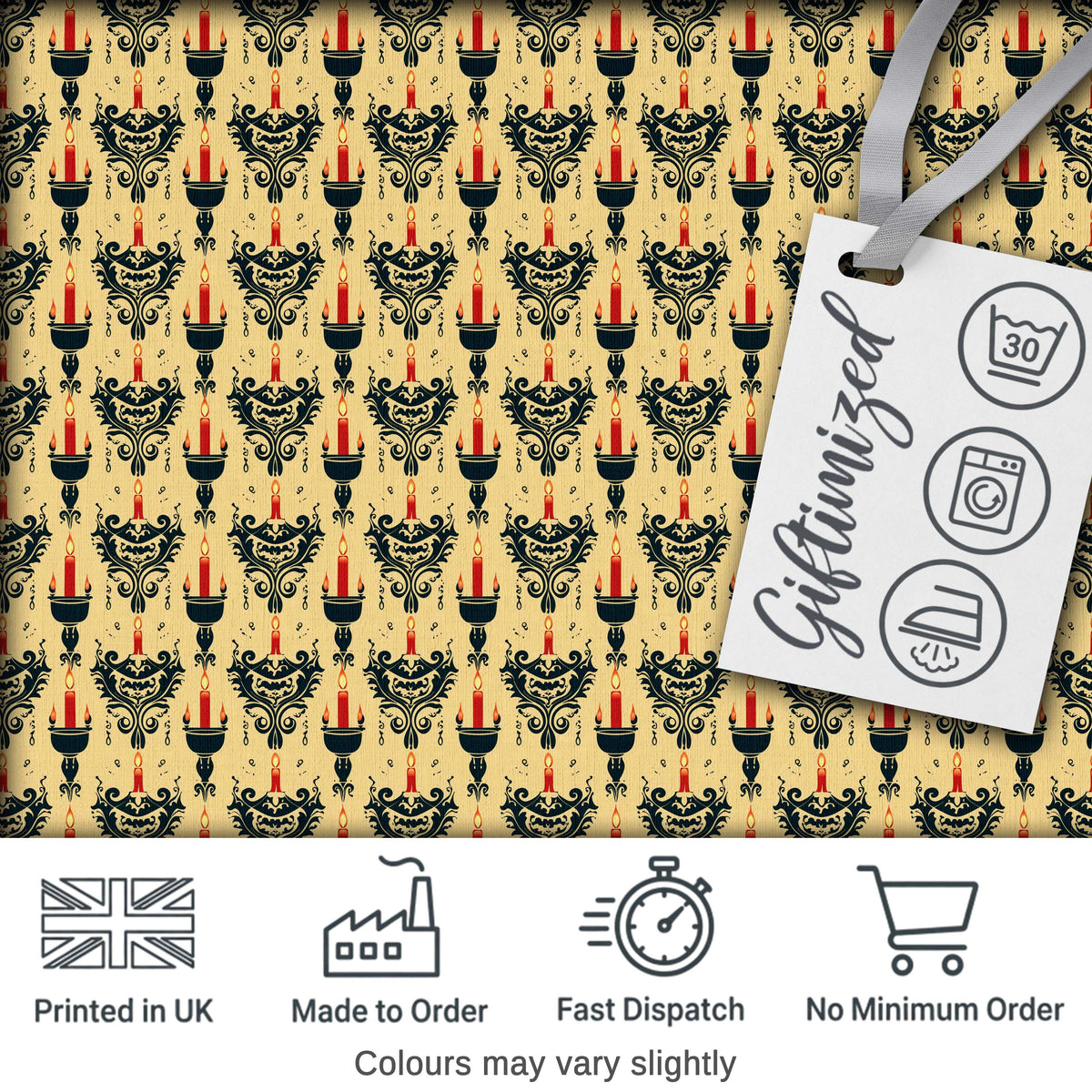 Vintage Ornate Candle Holders and Flames Beige Seamless Pattern Digital Print Fabric by the Metre UK Sewing Quilting Textile