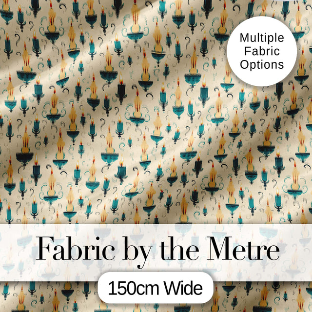 Elegant Teal Candlelight with Decorative Swirls Seamless Pattern Digital Print Fabric by the Metre UK Sewing Quilting Textile
