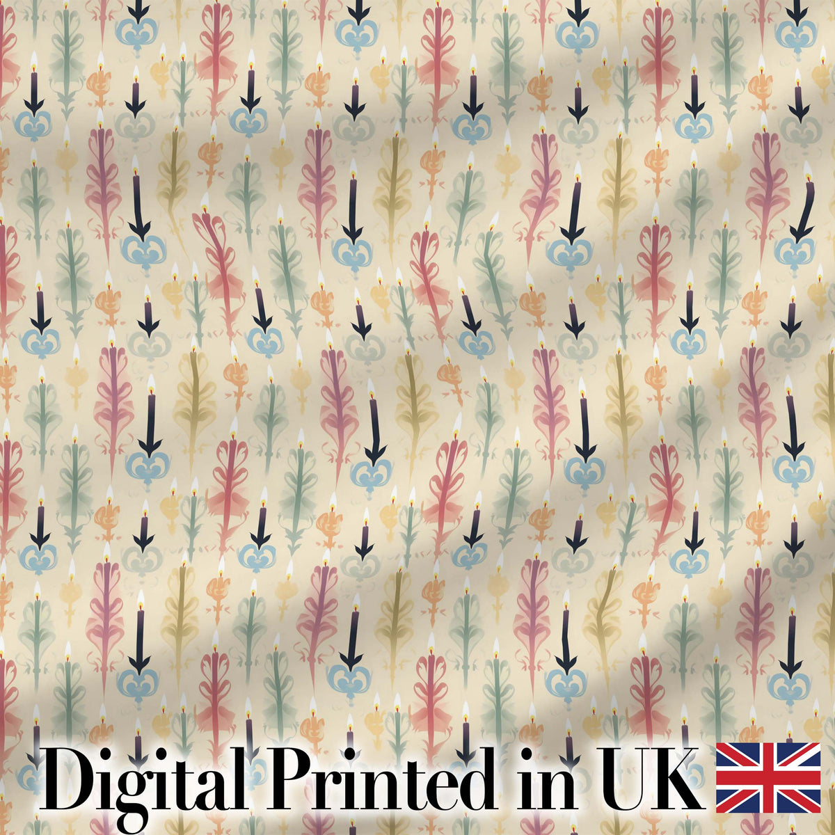 Pastel Decorative Candle and Floral Motif Seamless Pattern Digital Print Fabric by the Metre UK Sewing Quilting Textile