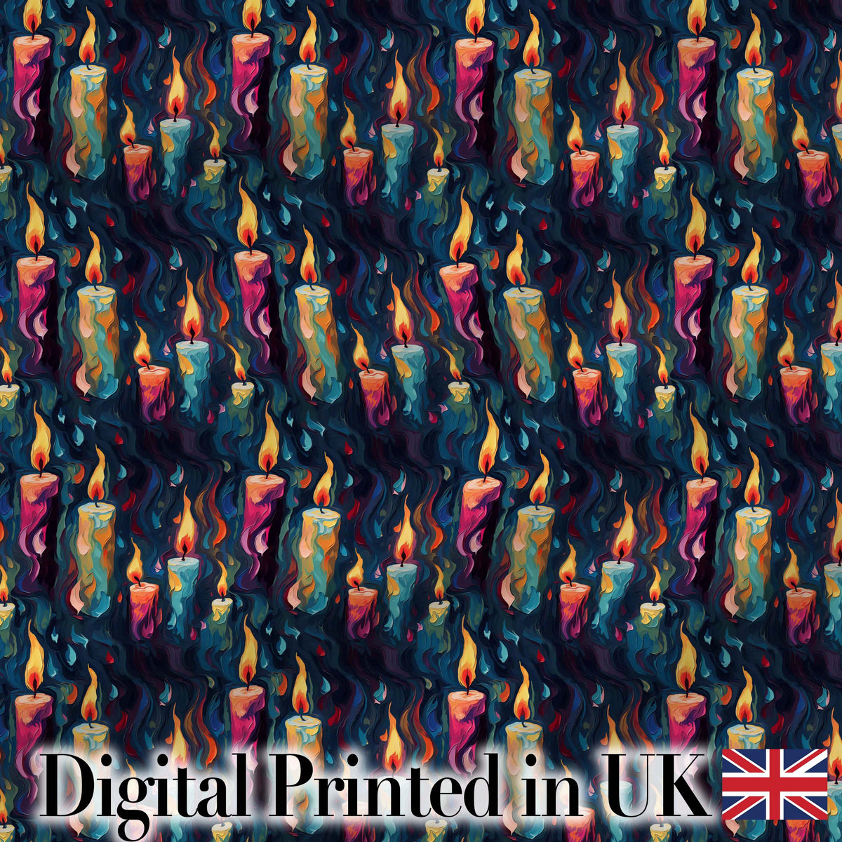 Artistic Melting Wax Candles on Dark Background Seamless Pattern Digital Print Fabric by the Metre UK Sewing Quilting Textile