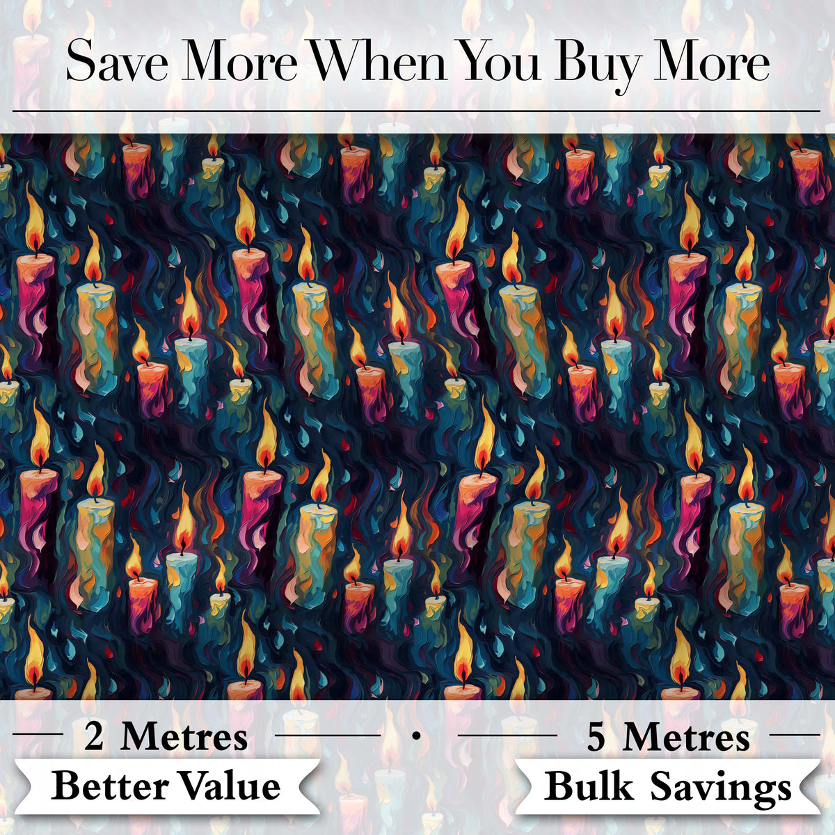 Artistic Melting Wax Candles on Dark Background Seamless Pattern Digital Print Fabric by the Metre UK Sewing Quilting Textile