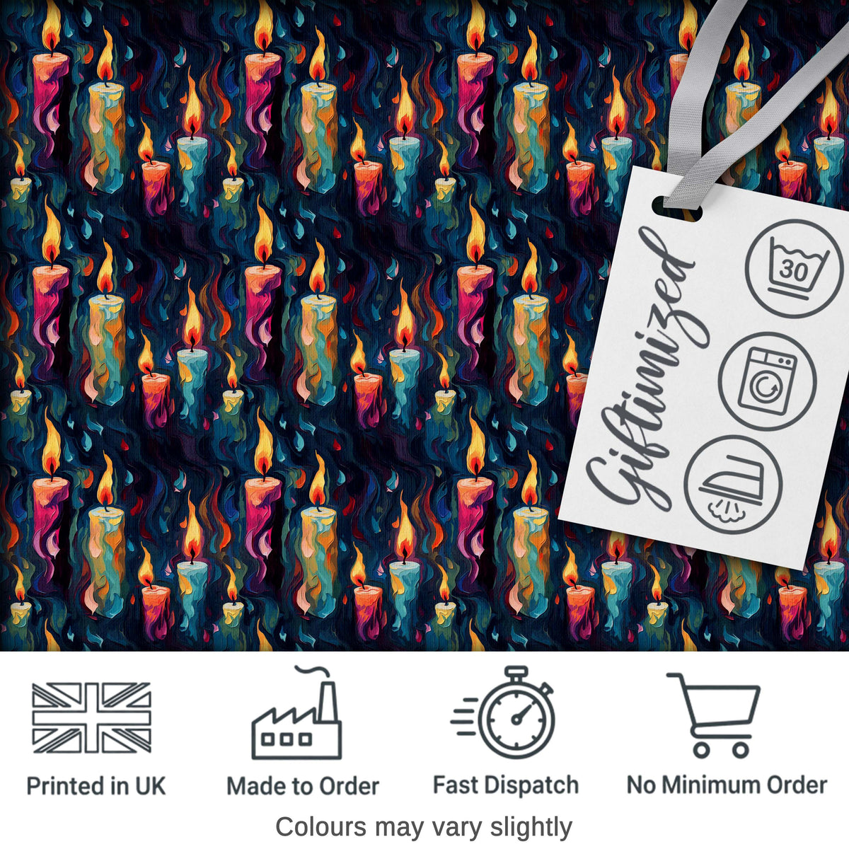 Artistic Melting Wax Candles on Dark Background Seamless Pattern Digital Print Fabric by the Metre UK Sewing Quilting Textile