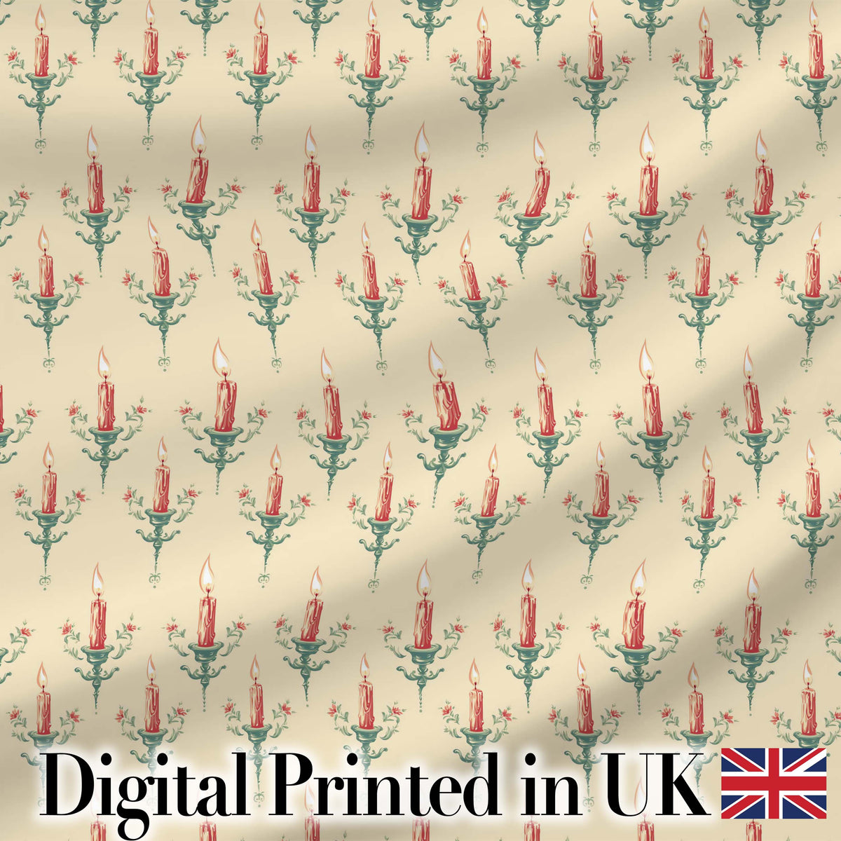 Vintage Red Candles on Ornate Holders Seamless Pattern Digital Print Fabric by the Metre UK Sewing Quilting Textile