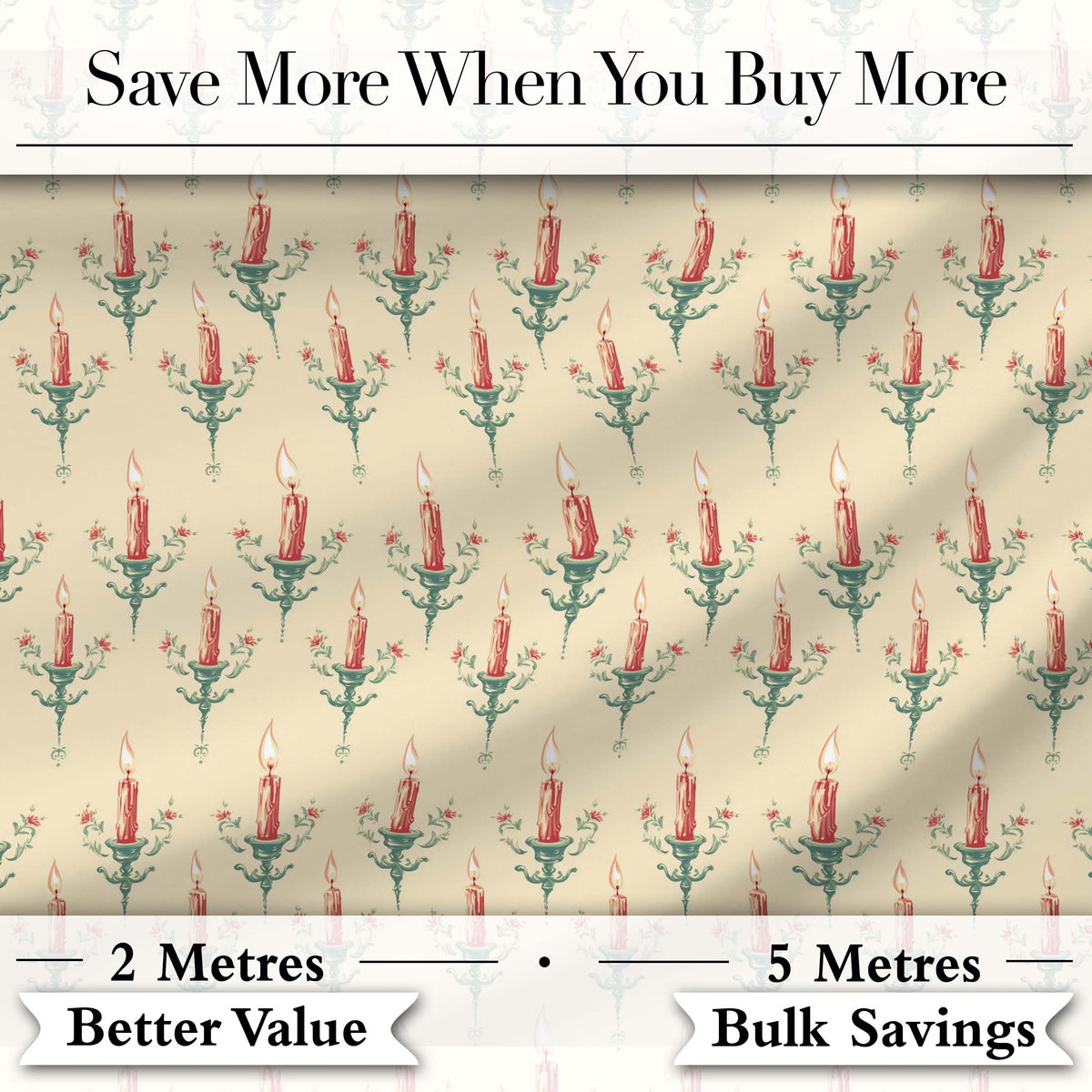 Vintage Red Candles on Ornate Holders Seamless Pattern Digital Print Fabric by the Metre UK Sewing Quilting Textile