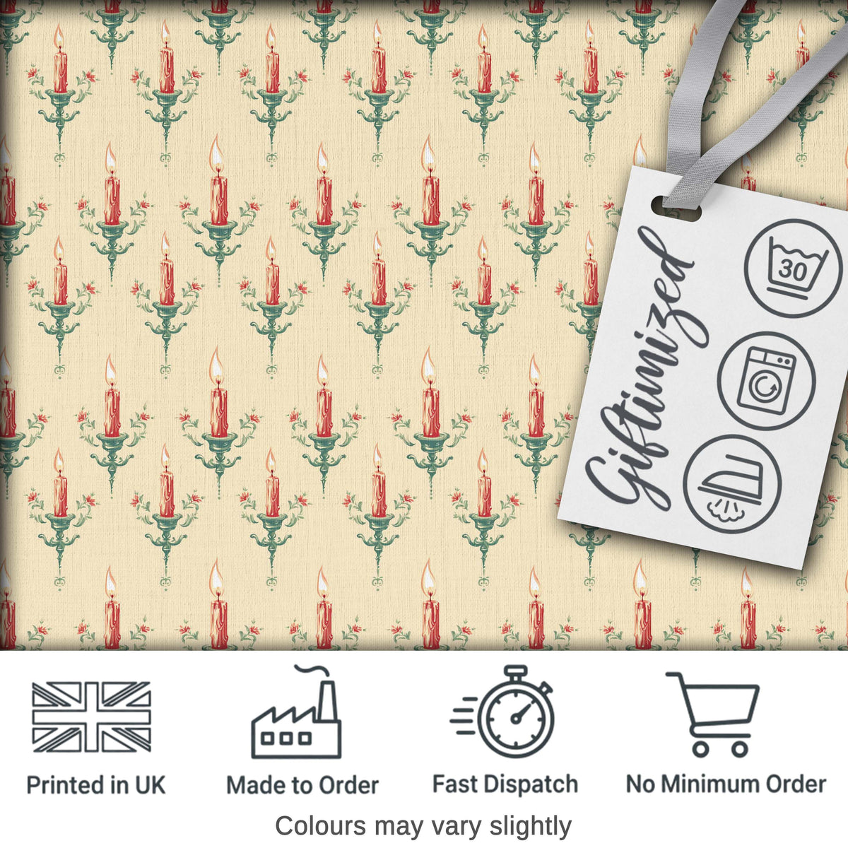 Vintage Red Candles on Ornate Holders Seamless Pattern Digital Print Fabric by the Metre UK Sewing Quilting Textile