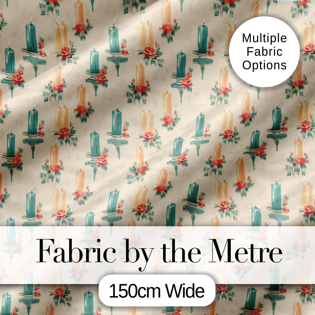 Floral Candle Arrangement with Roses Vintage Style Seamless Pattern Digital Print Fabric by the Metre UK Sewing Quilting Textile