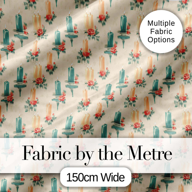 Floral Candle Arrangement with Roses Vintage Style Seamless Pattern Digital Print Fabric by the Metre UK Sewing Quilting Textile
