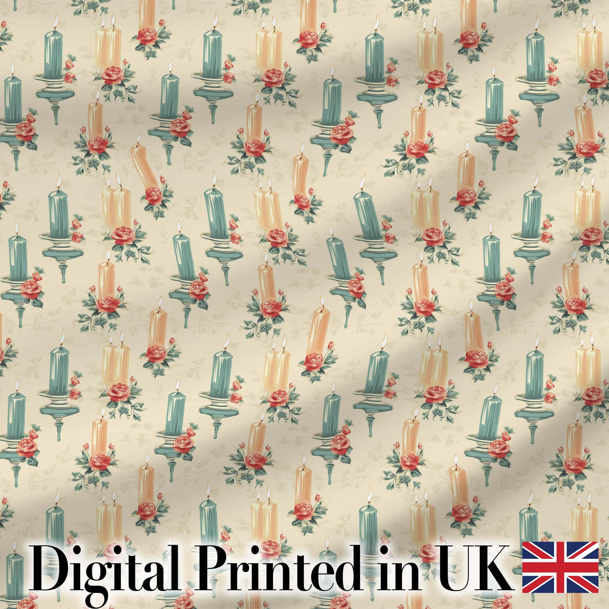 Floral Candle Arrangement with Roses Vintage Style Seamless Pattern Digital Print Fabric by the Metre UK Sewing Quilting Textile