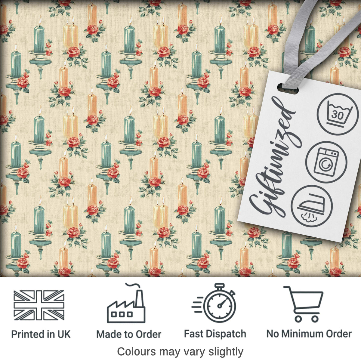 Floral Candle Arrangement with Roses Vintage Style Seamless Pattern Digital Print Fabric by the Metre UK Sewing Quilting Textile