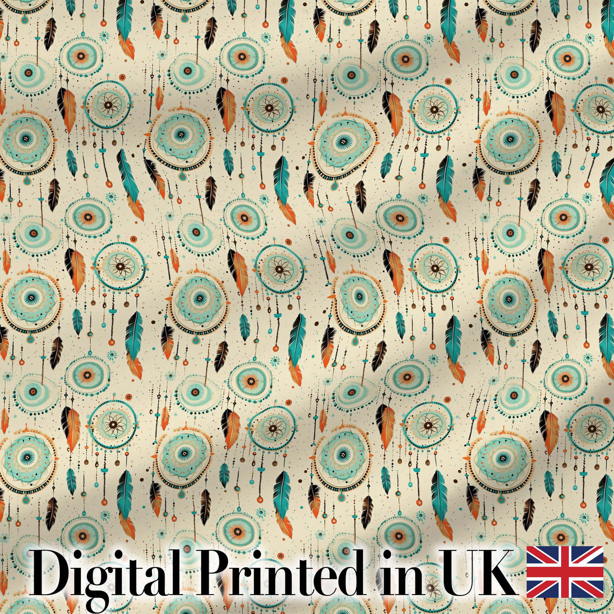 Turquoise Dreamcatcher Feathers Bohemian Seamless Pattern Digital Print Fabric by the Metre UK Sewing Quilting Textile