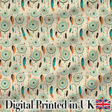 Turquoise Dreamcatcher Feathers Bohemian Seamless Pattern Digital Print Fabric by the Metre UK Sewing Quilting Textile