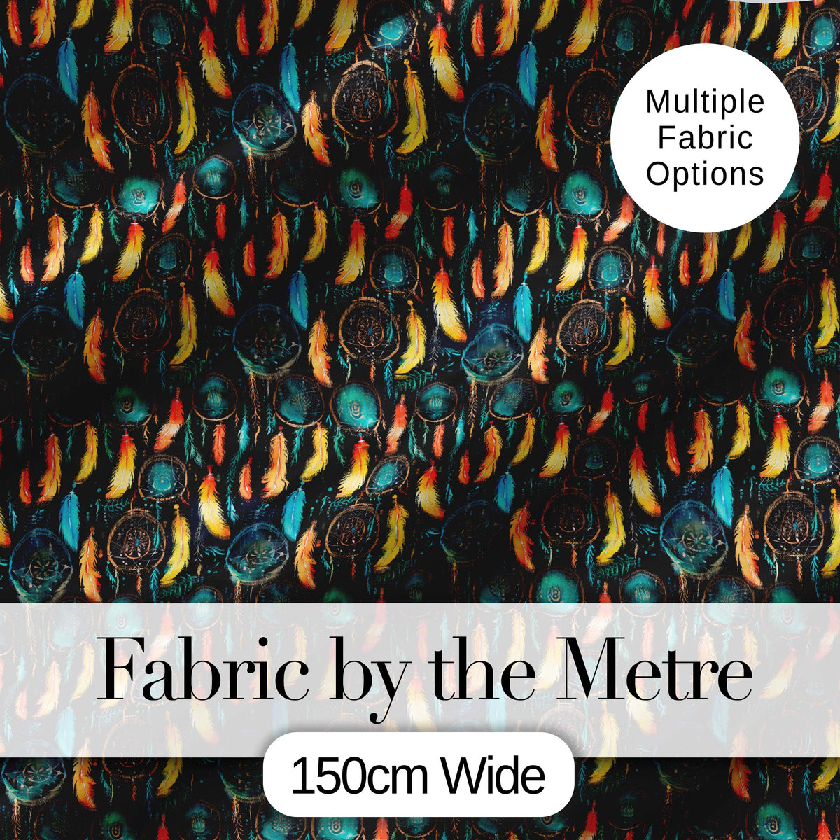 Vibrant Tribal Feathers Dreamcatcher Dark Seamless Pattern Digital Print Fabric by the Metre UK Sewing Quilting Textile