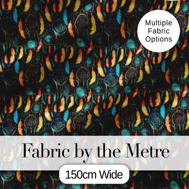 Vibrant Tribal Feathers Dreamcatcher Dark Seamless Pattern Digital Print Fabric by the Metre UK Sewing Quilting Textile
