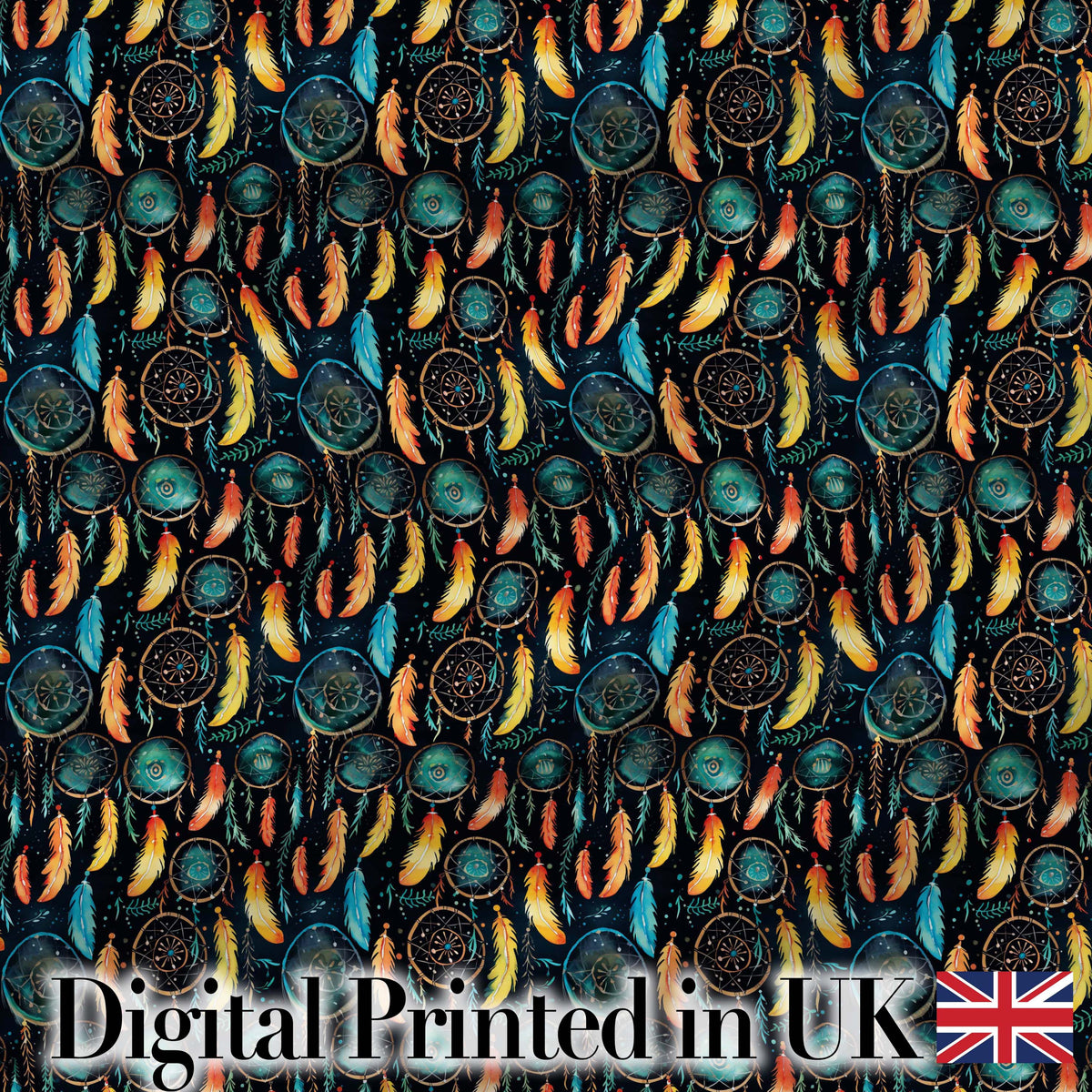 Vibrant Tribal Feathers Dreamcatcher Dark Seamless Pattern Digital Print Fabric by the Metre UK Sewing Quilting Textile