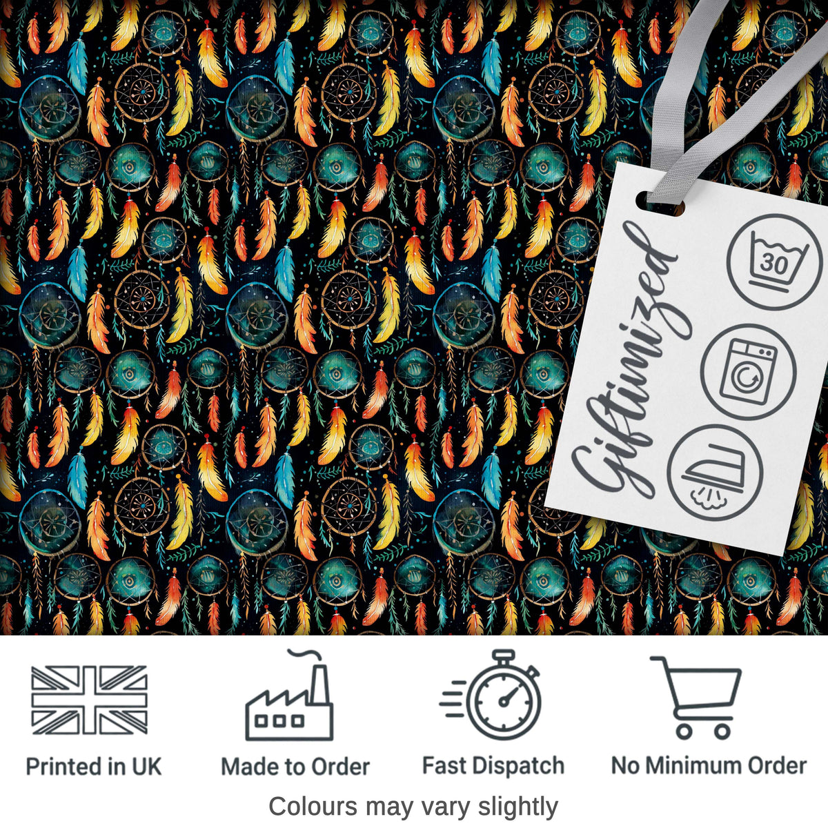 Vibrant Tribal Feathers Dreamcatcher Dark Seamless Pattern Digital Print Fabric by the Metre UK Sewing Quilting Textile
