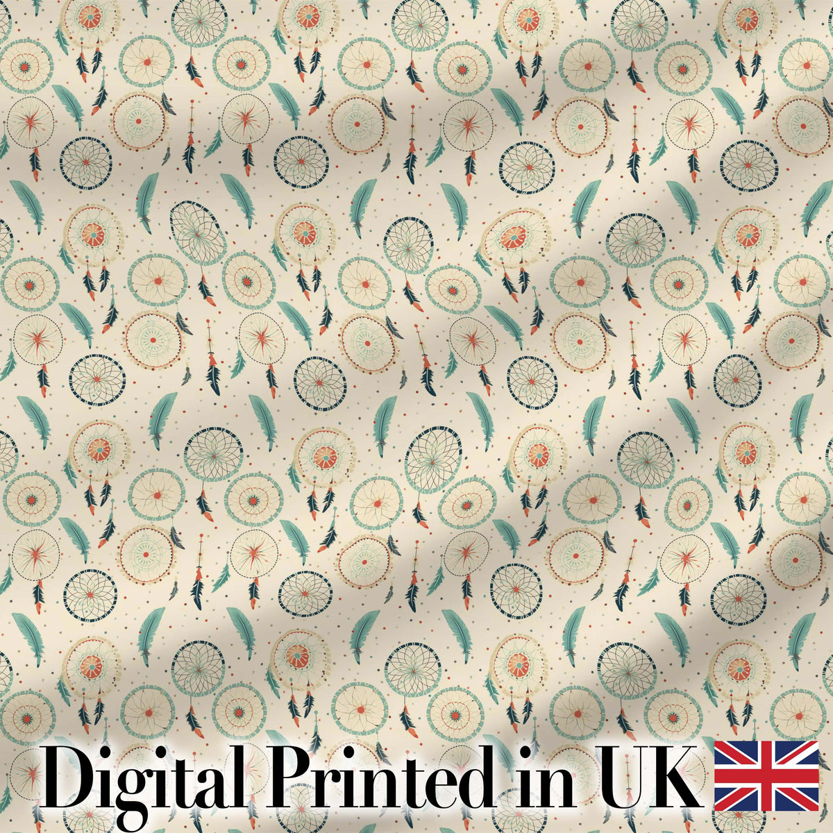 Minimal Dreamcatcher Feathers Soft Beige Seamless Pattern Digital Print Fabric by the Metre UK Sewing Quilting Textile