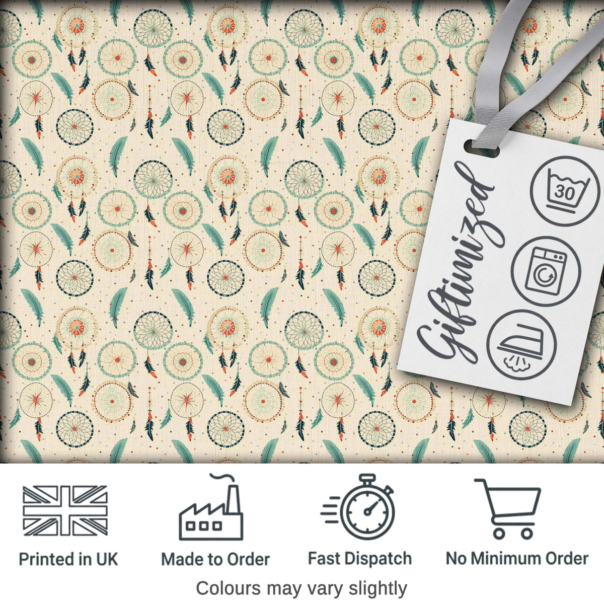 Minimal Dreamcatcher Feathers Soft Beige Seamless Pattern Digital Print Fabric by the Metre UK Sewing Quilting Textile
