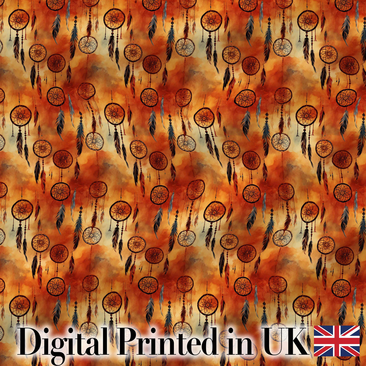 Autumn Dreamcatcher Feathers Warm Orange Seamless Pattern Digital Print Fabric by the Metre UK Sewing Quilting Textile
