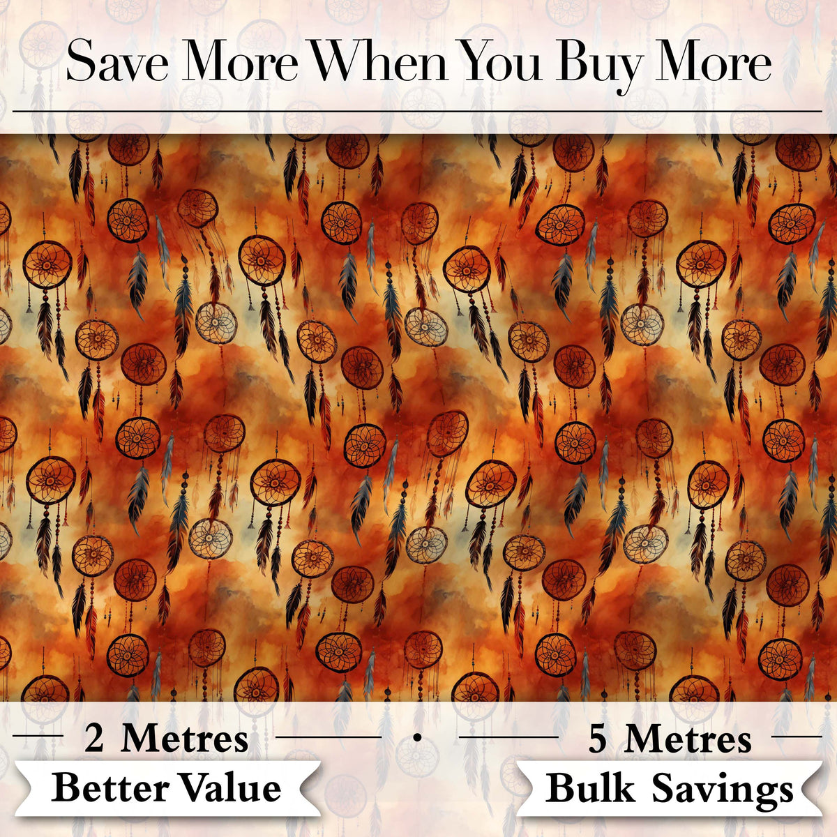Autumn Dreamcatcher Feathers Warm Orange Seamless Pattern Digital Print Fabric by the Metre UK Sewing Quilting Textile