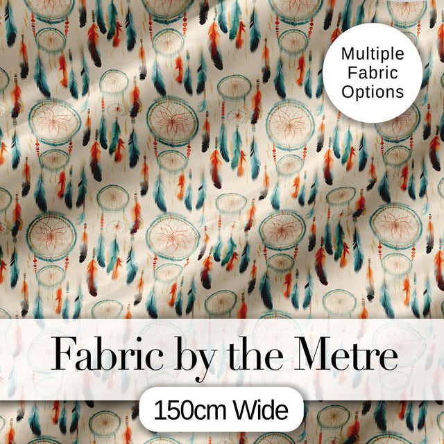Dreamcatcher Feathers Boho Tribal Pattern Soft Neutral Background Digital Print Fabric by the Metre UK Sewing Quilting Textile