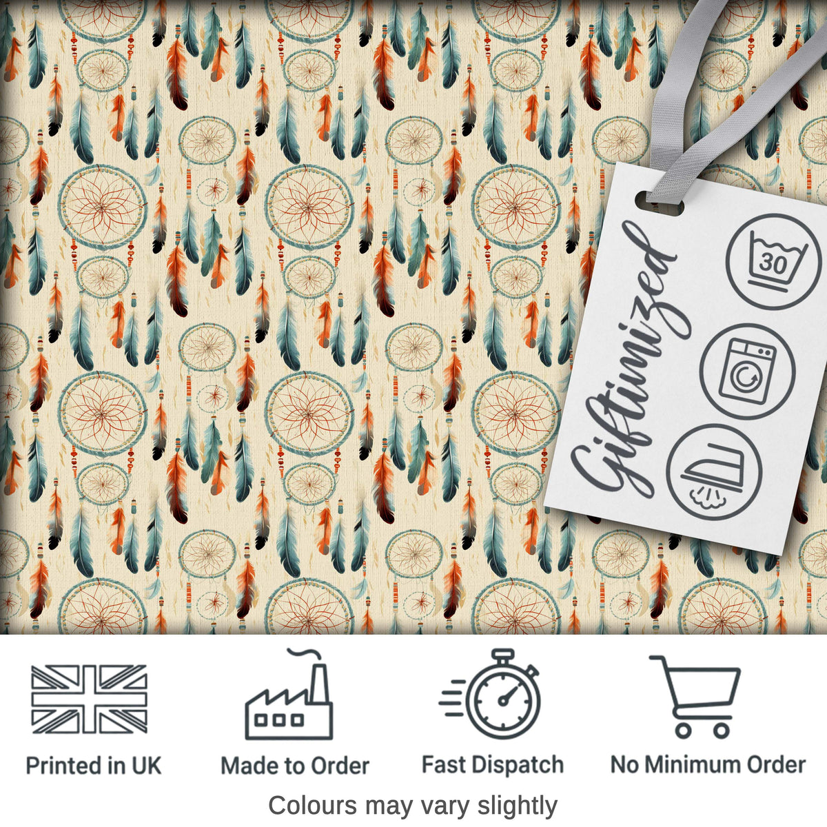 Dreamcatcher Feathers Boho Tribal Pattern Soft Neutral Background Digital Print Fabric by the Metre UK Sewing Quilting Textile