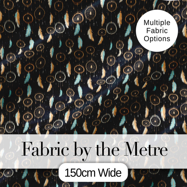 Dreamcatcher Night Sky Stars Feather Hanging Pattern Dark Background Digital Print Fabric by the Metre UK Sewing Quilting Textile