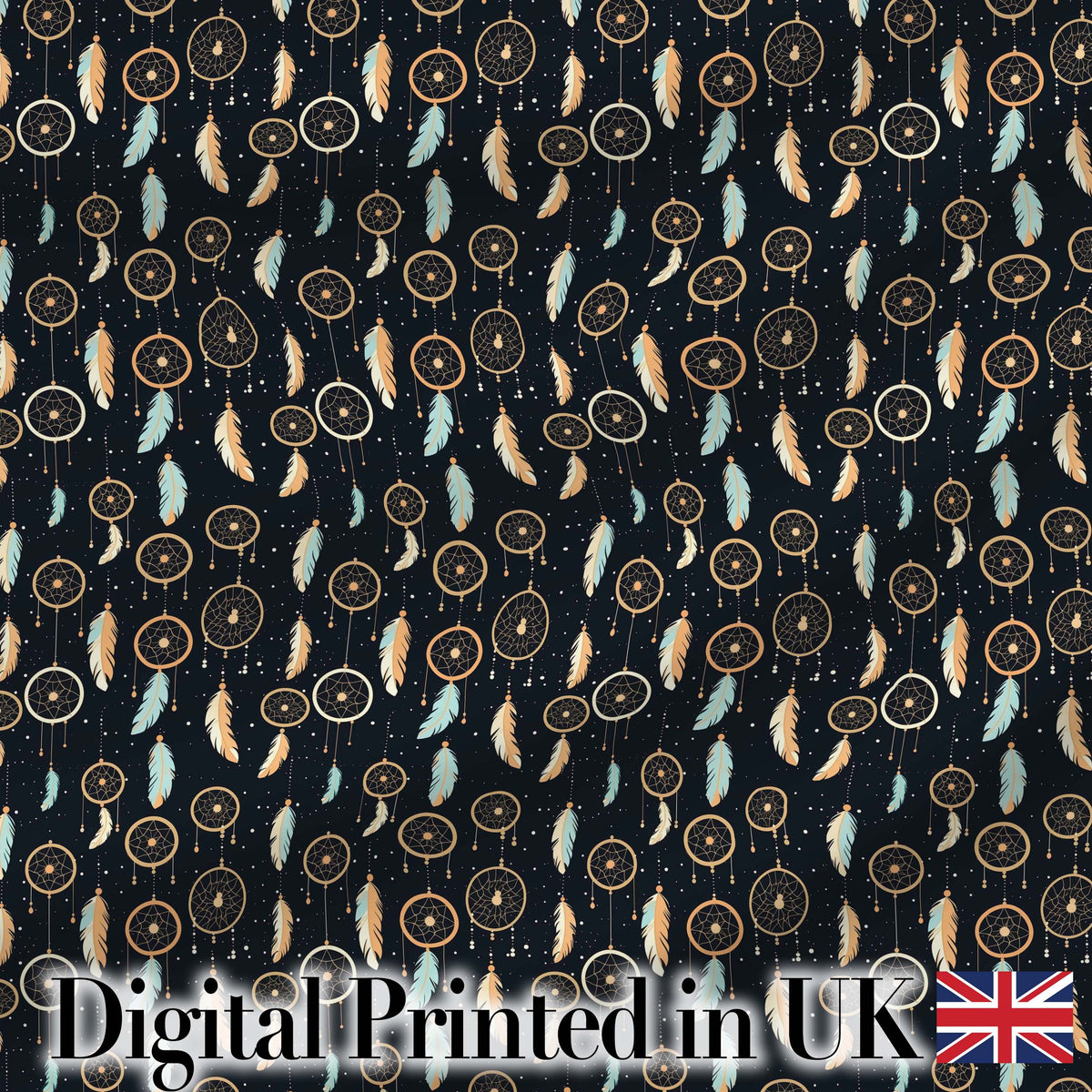 Dreamcatcher Night Sky Stars Feather Hanging Pattern Dark Background Digital Print Fabric by the Metre UK Sewing Quilting Textile