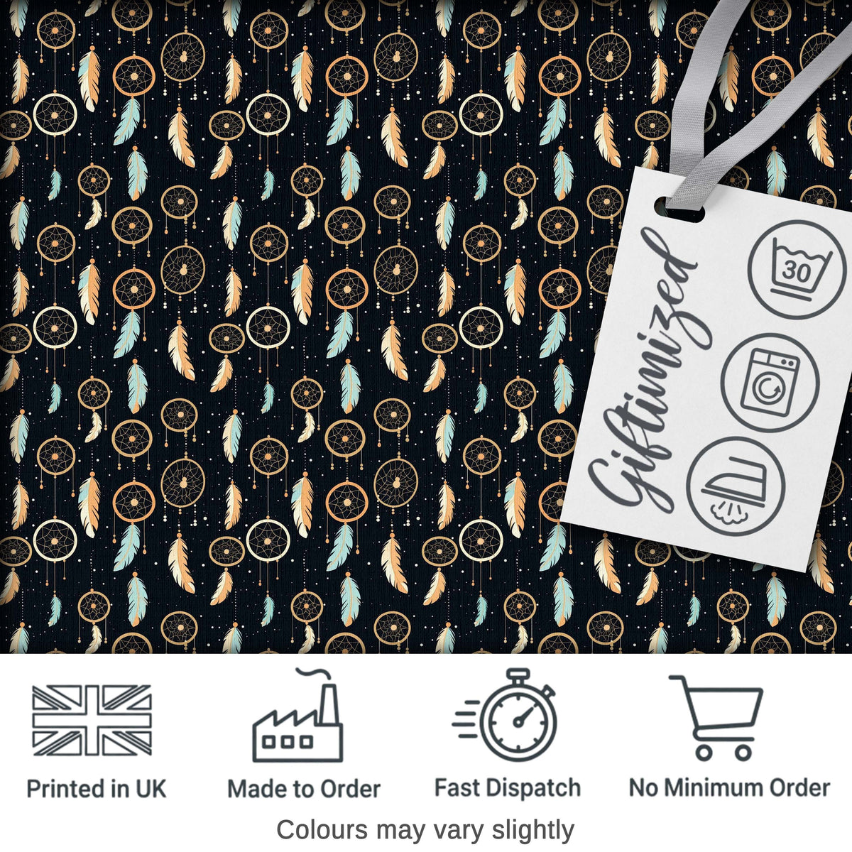 Dreamcatcher Night Sky Stars Feather Hanging Pattern Dark Background Digital Print Fabric by the Metre UK Sewing Quilting Textile