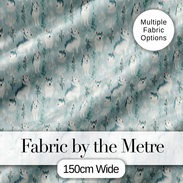 Cute Husky Dogs Floral Forest Pattern Soft Blue Background Digital Print Fabric by the Metre UK Sewing Quilting Textile