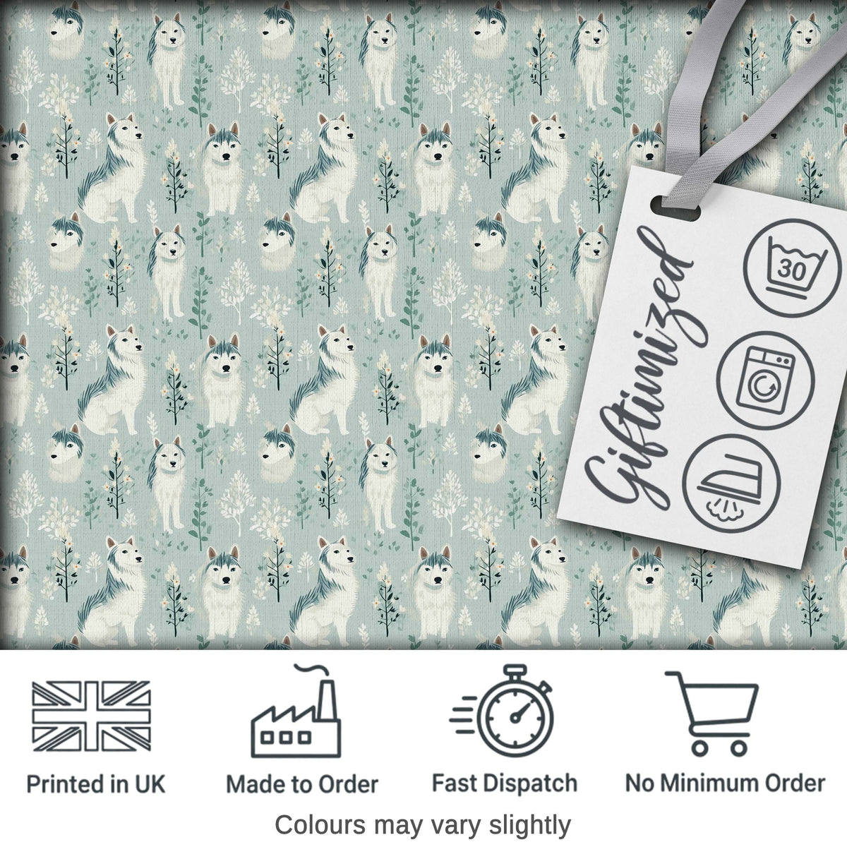 Cute Husky Dogs Floral Forest Pattern Soft Blue Background Digital Print Fabric by the Metre UK Sewing Quilting Textile