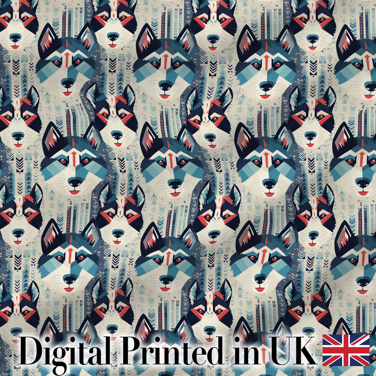 Geometric Husky Dog Faces Tribal Style Seamless Pattern Digital Print Fabric by the Metre UK Sewing Quilting Textile