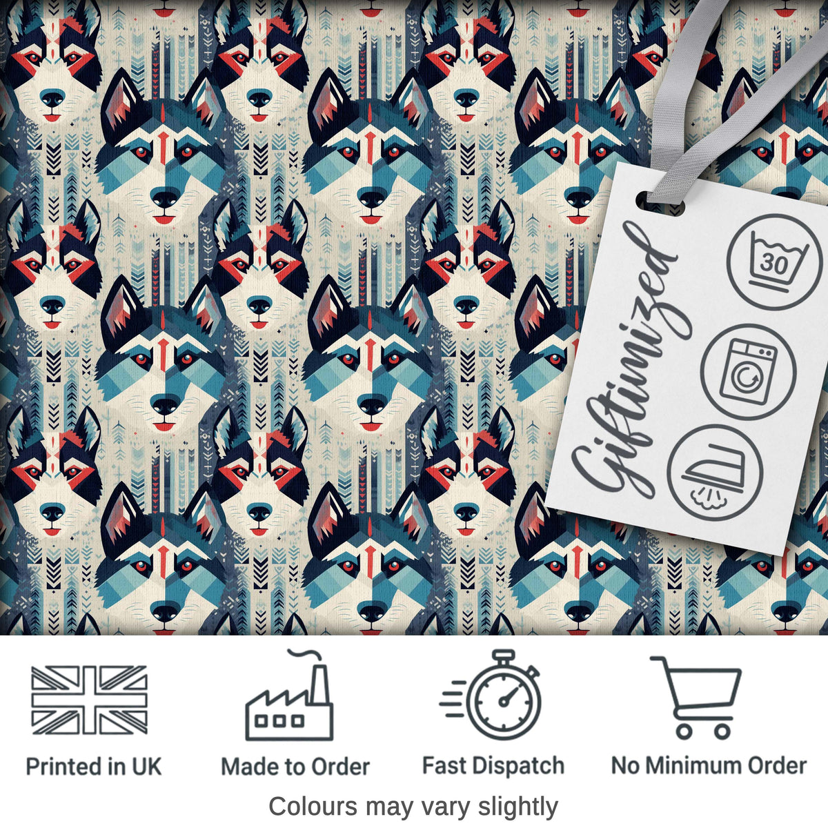 Geometric Husky Dog Faces Tribal Style Seamless Pattern Digital Print Fabric by the Metre UK Sewing Quilting Textile