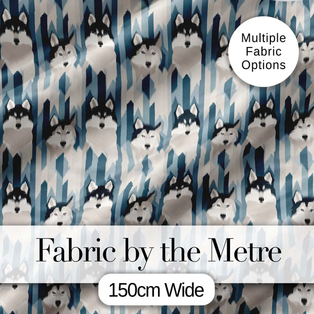 Modern Minimal Husky Dogs Abstract Shapes Pattern Blue Grey Digital Print Fabric by the Metre UK Sewing Quilting Textile