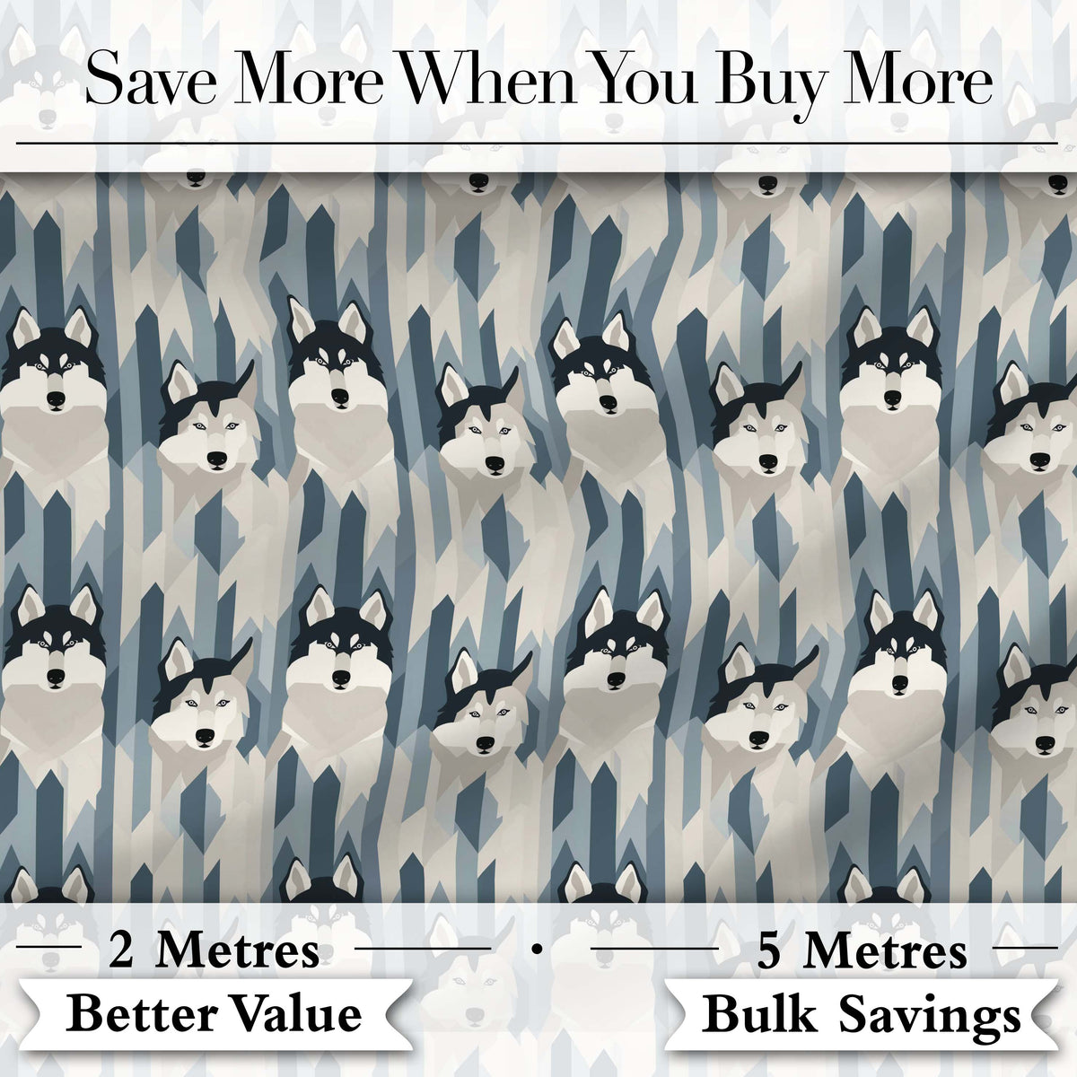 Modern Minimal Husky Dogs Abstract Shapes Pattern Blue Grey Digital Print Fabric by the Metre UK Sewing Quilting Textile
