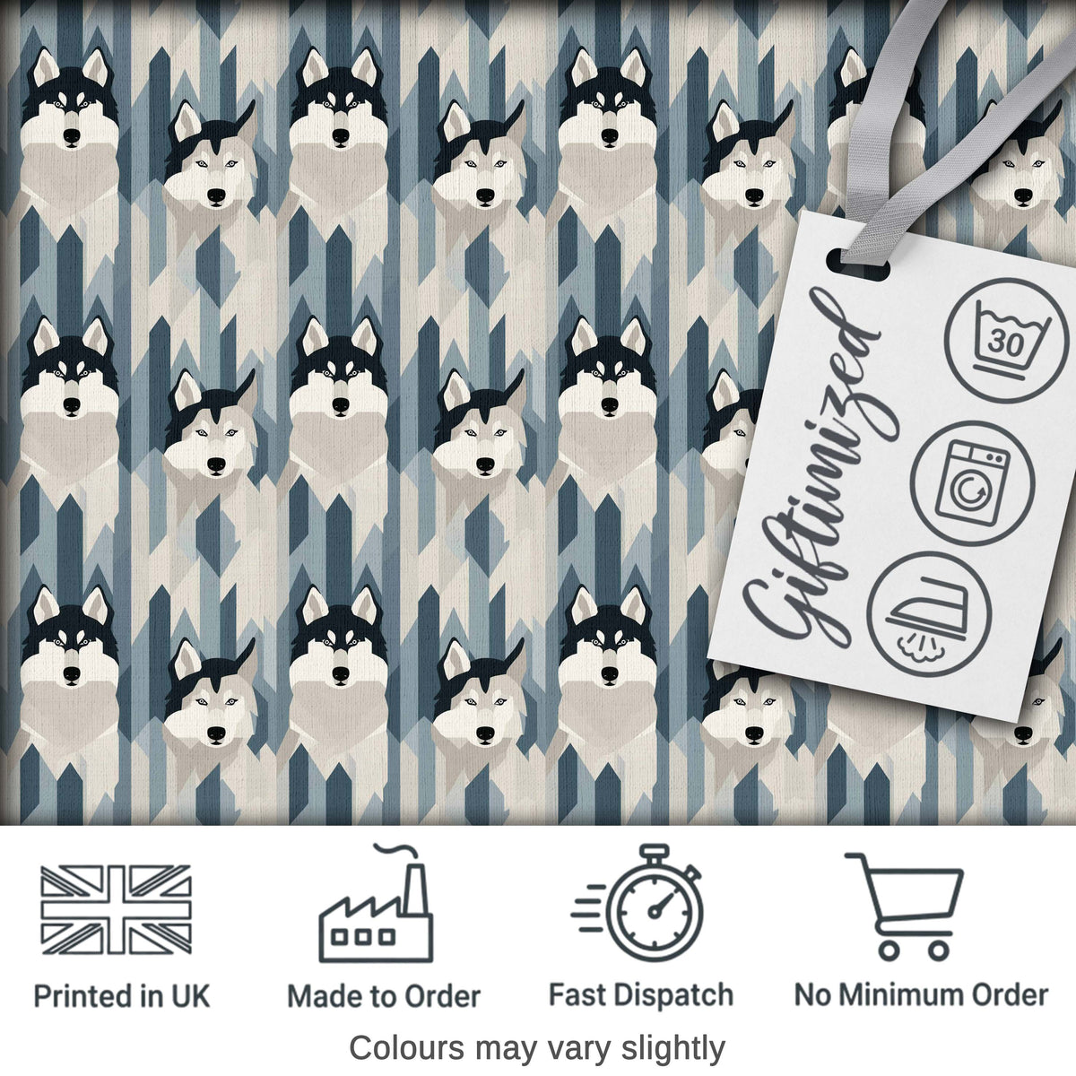 Modern Minimal Husky Dogs Abstract Shapes Pattern Blue Grey Digital Print Fabric by the Metre UK Sewing Quilting Textile