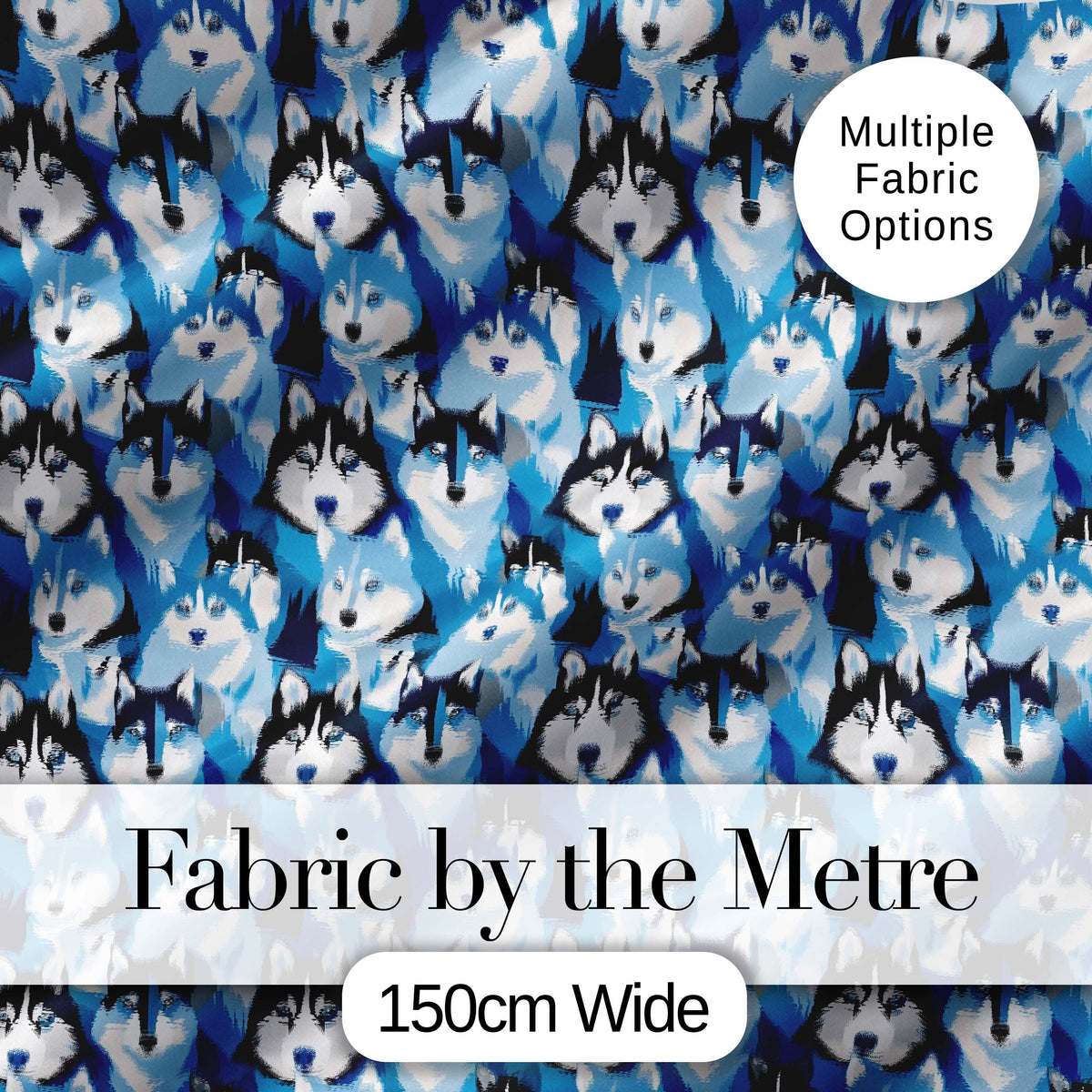 Blue Tone Husky Dog Faces Seamless Repeat Pattern Stylish Design Digital Print Fabric by the Metre UK Sewing Quilting Textile