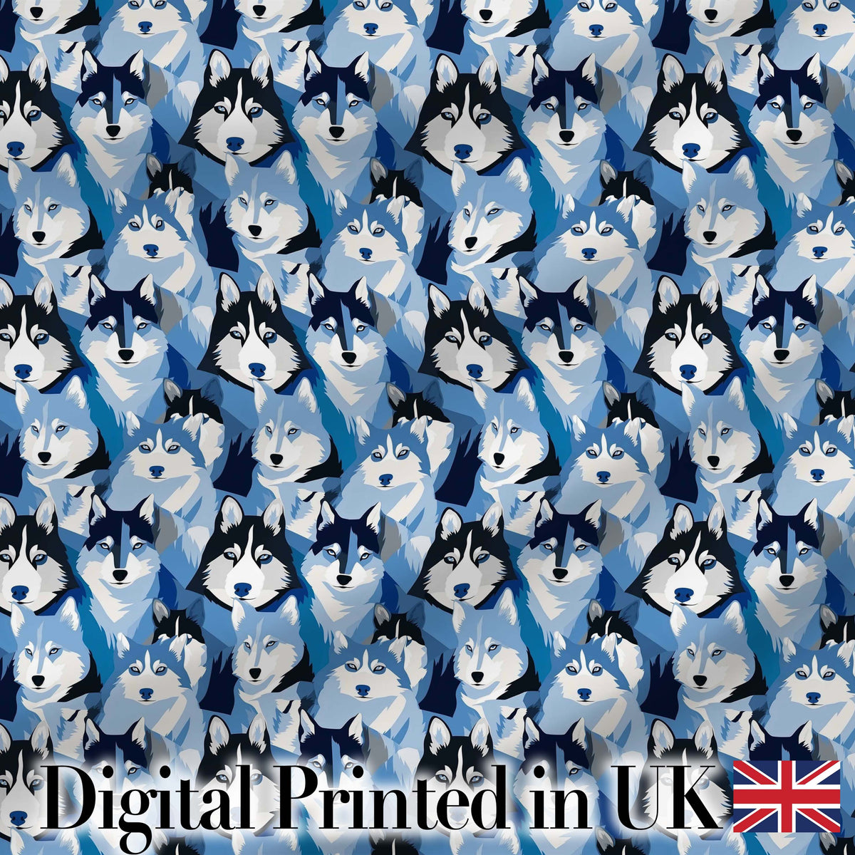 Blue Tone Husky Dog Faces Seamless Repeat Pattern Stylish Design Digital Print Fabric by the Metre UK Sewing Quilting Textile